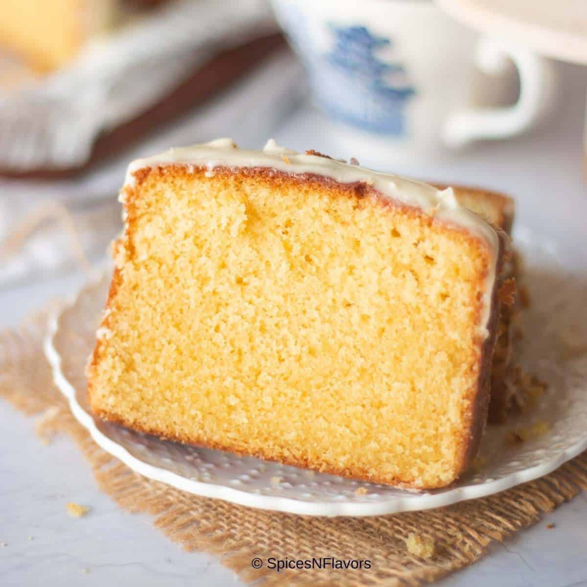cropped image of pound cake slice to show the texture clearly