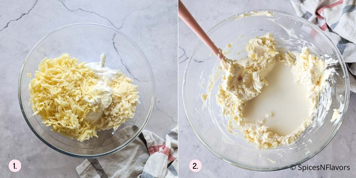 combine all the cheeses and milk in a glass bowl