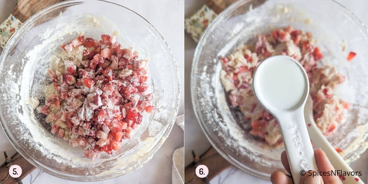folding dry ingredients, strawberry and milk to form the batter