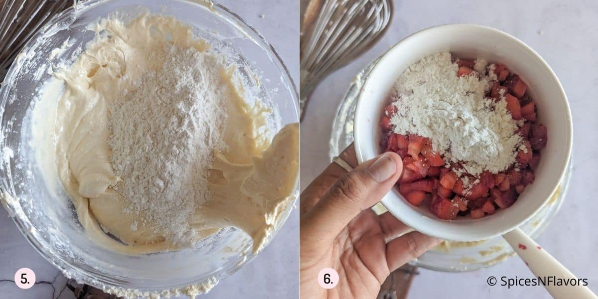 adding flour and strawberries to the batter