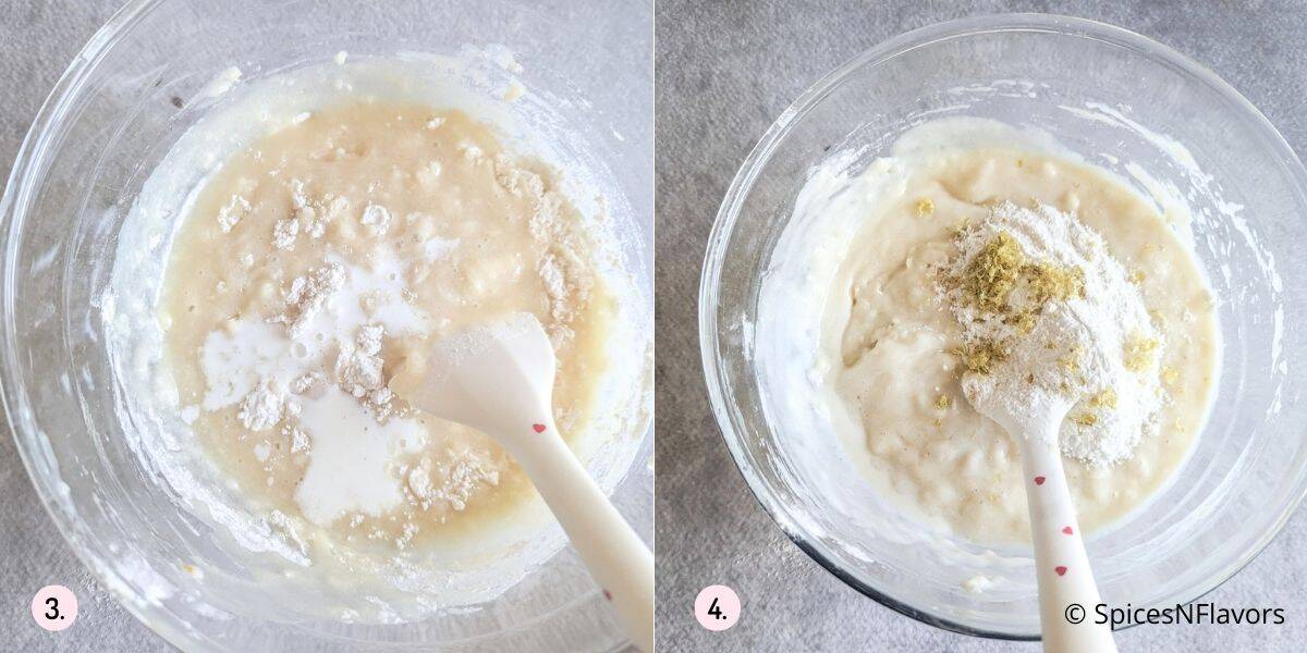 adding milk and lemon zest to the batter