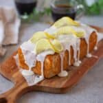 close up image of eggless lemon loaf to fit the recipe card size