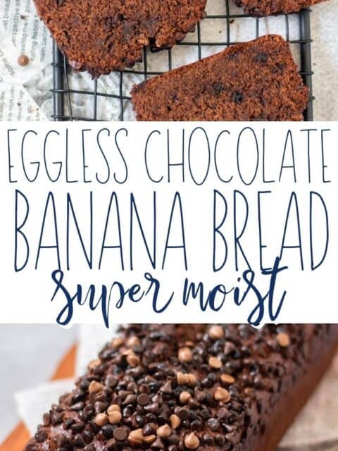 collage of chocolate banana bread and slices of bread with text in the middle
