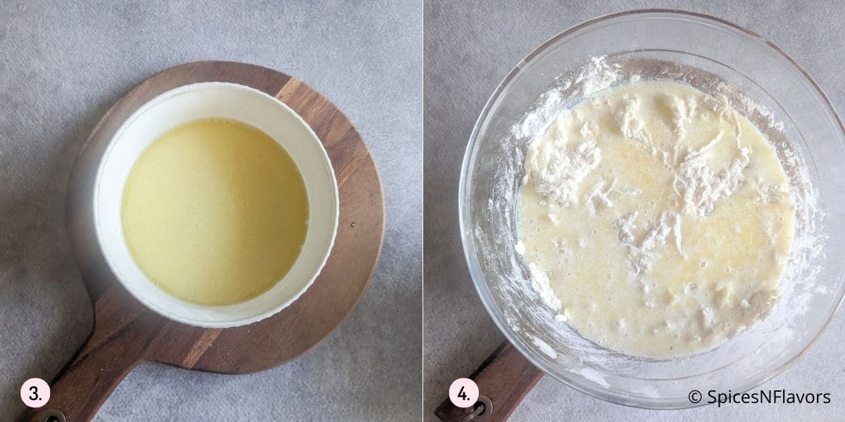 adding wet ingredients to the dry ingredients