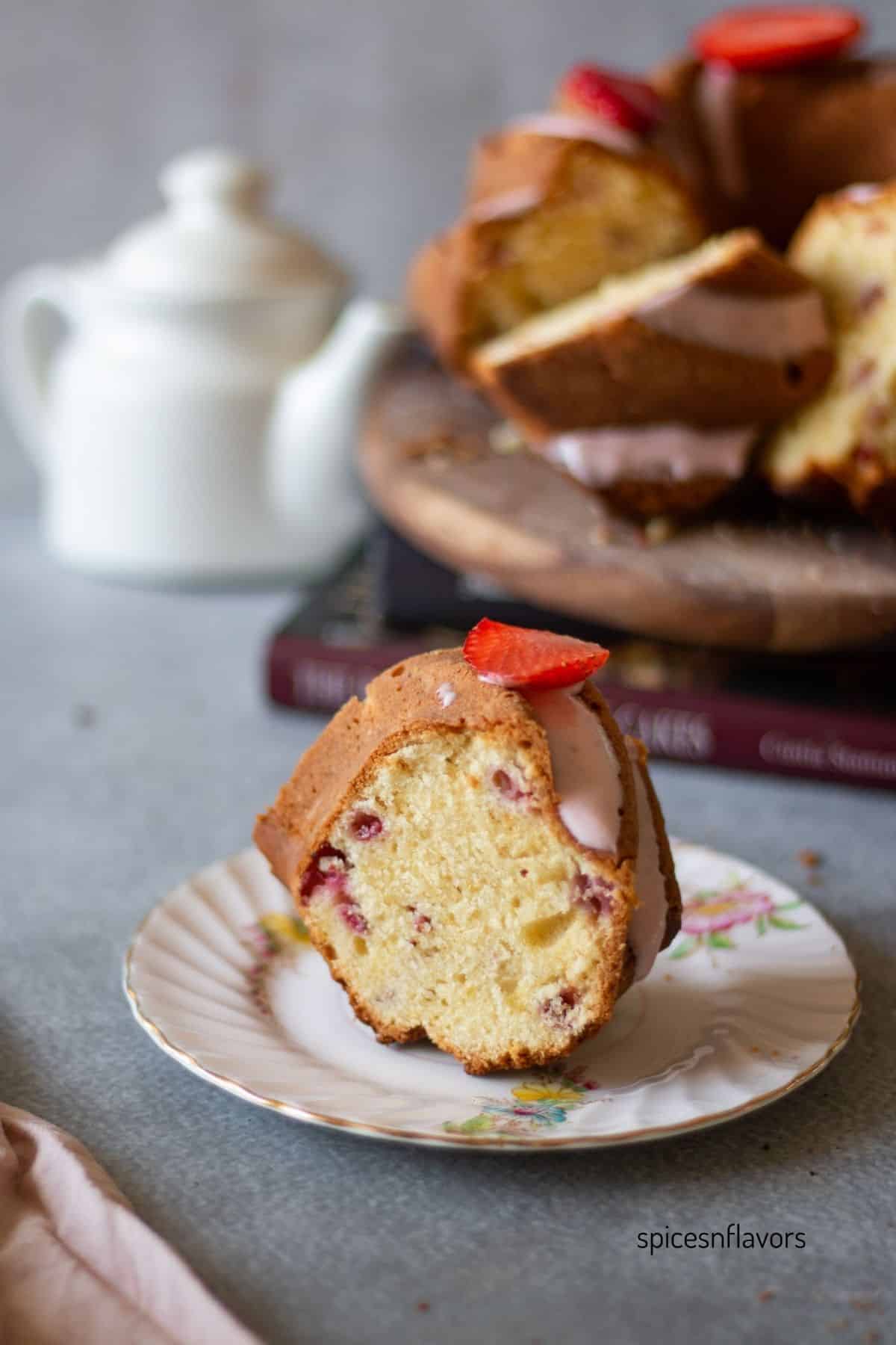 cake slice placed on a ceramic plate