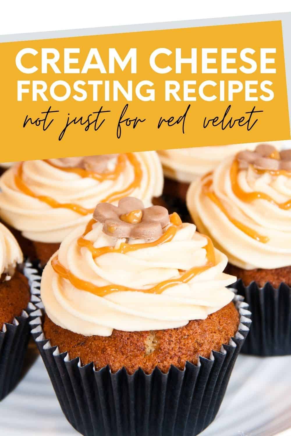 cupcake frosted with cream cheese frosting and caramel sauce with text on top
