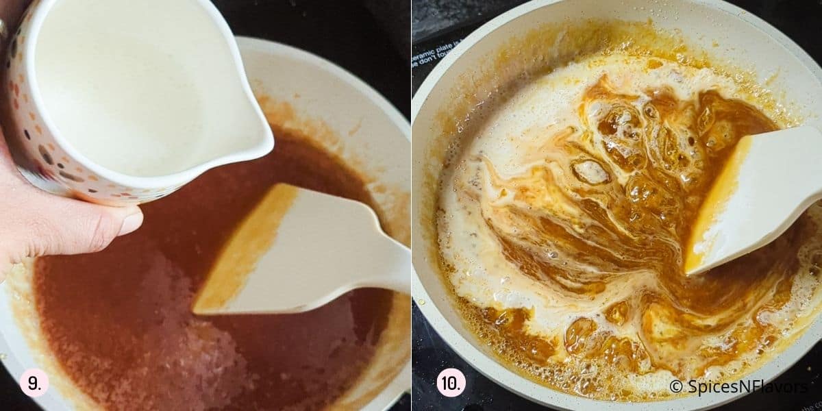 adding cream to the caramel