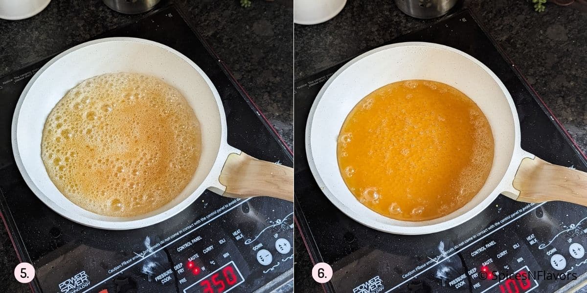 stages of caramel in the pan