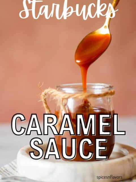 caramel sauce with text on top for pinterest image