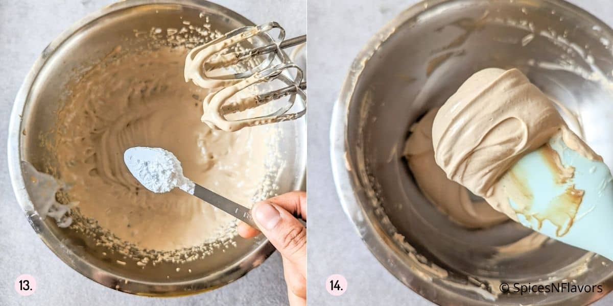 adding sugar to the mixture and whip till stiff peaks