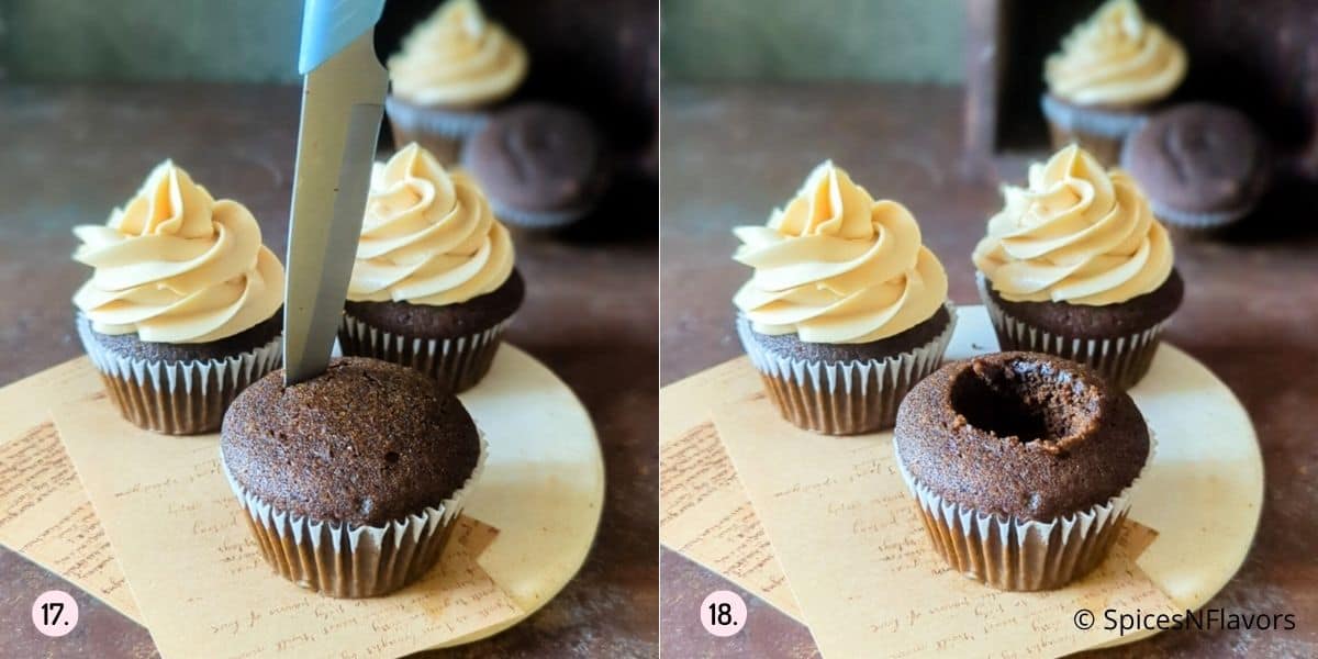 core the cupcakes using a knife