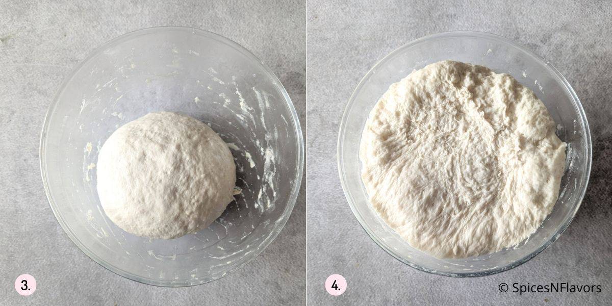 before and after proofing image of the dough in a collage
