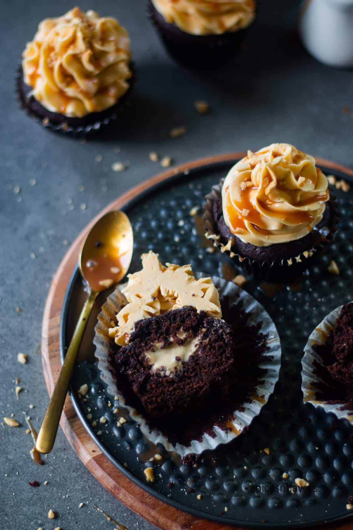 birds eye view of coffee cupcakes sliced in half to show the texture