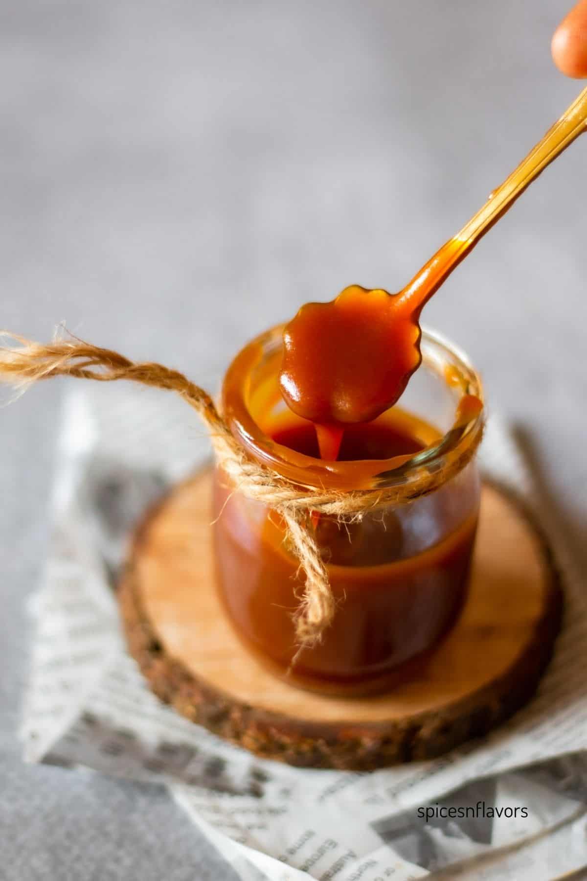 overhead view of spooning out caramel view