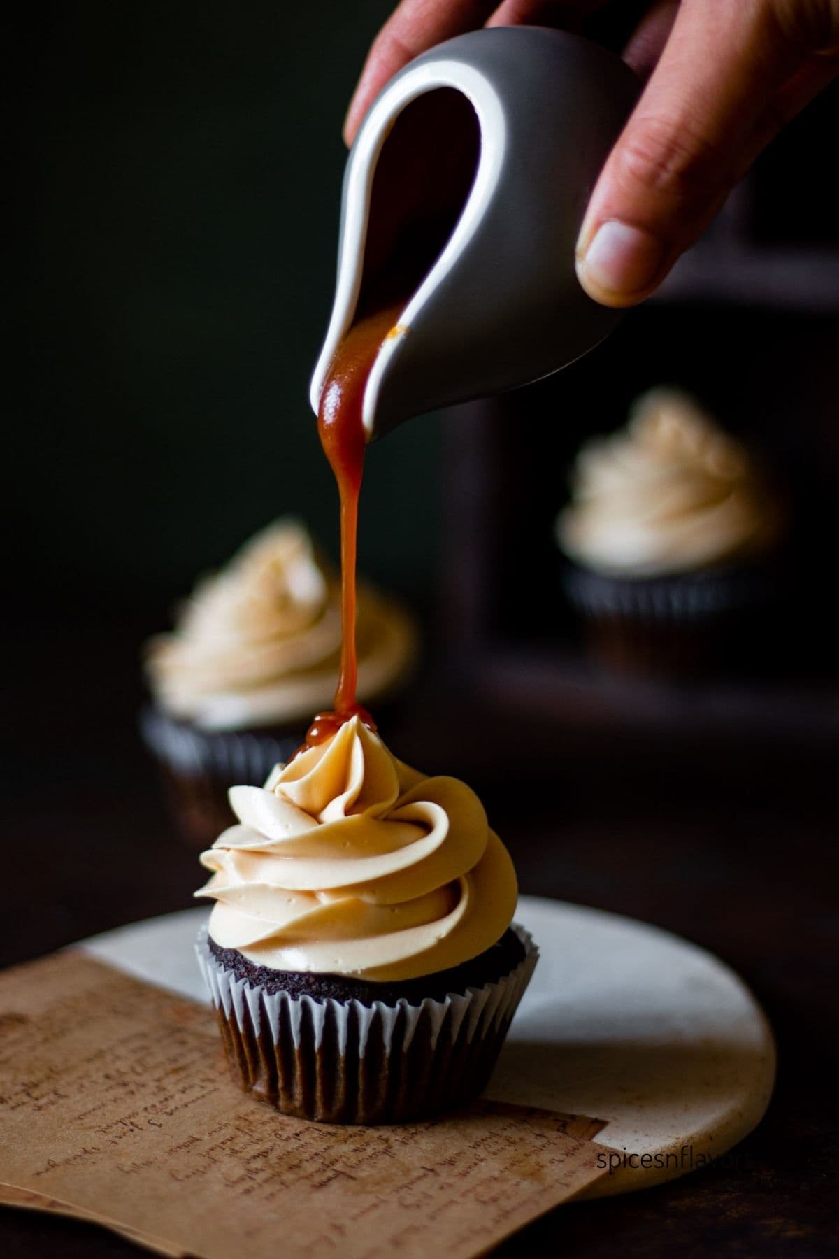 cupcake frosted with salted caramel buttercream