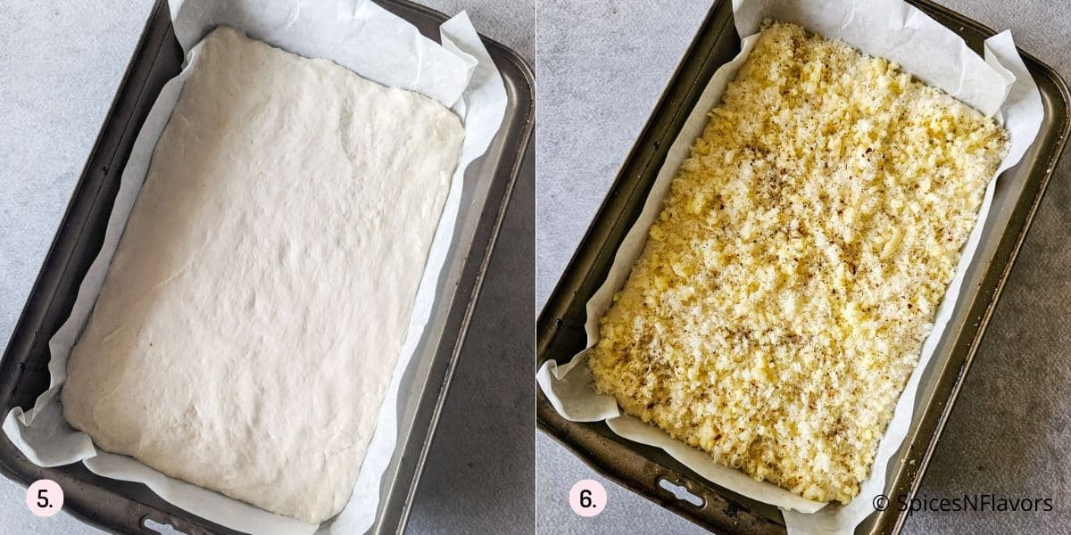 press the dough and add cheese on top