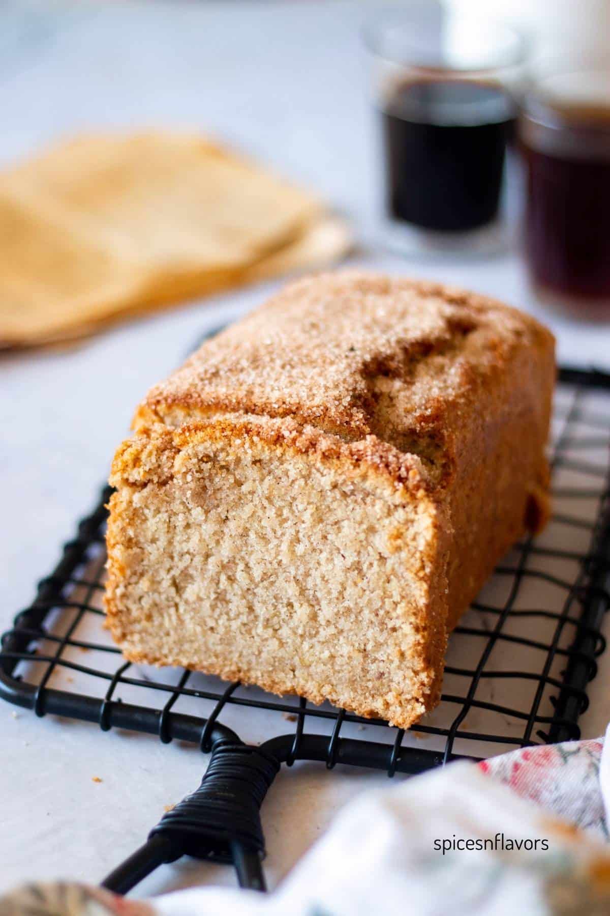 sliced cinnamon sugar donut bread placed on wire rack