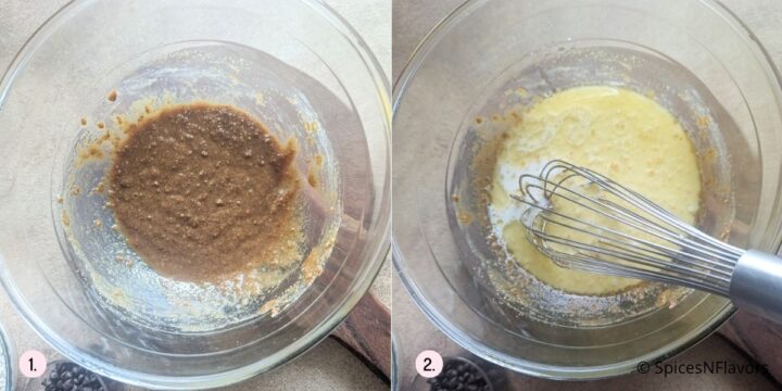 blending wet ingredients needed to make muffin batter in mixing bowl
