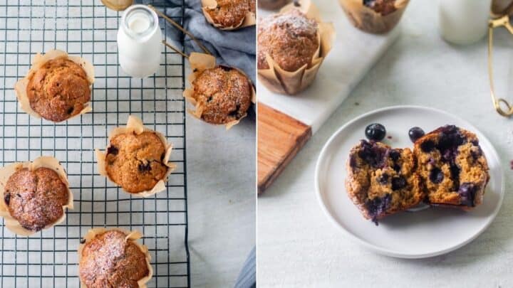 collage of whole wheat muffins made with blueberries