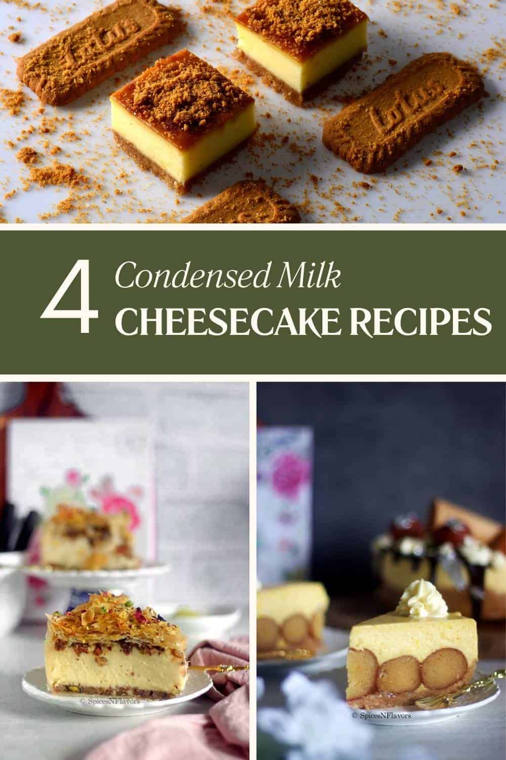 image of three cheesecakes made using condensed milk with text in the centre