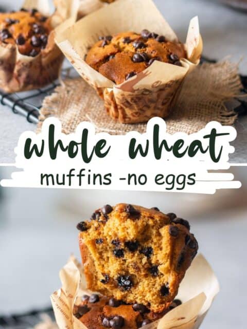 collage of images with text in the centre for whole wheat muffins pin image