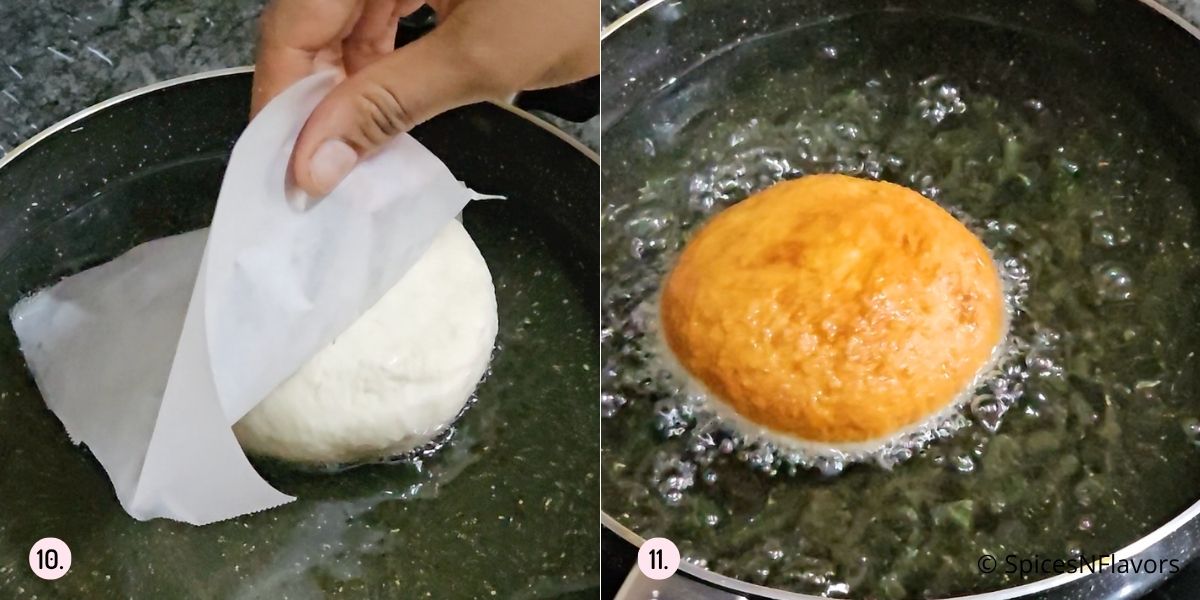 frying the doughnuts until golden brown