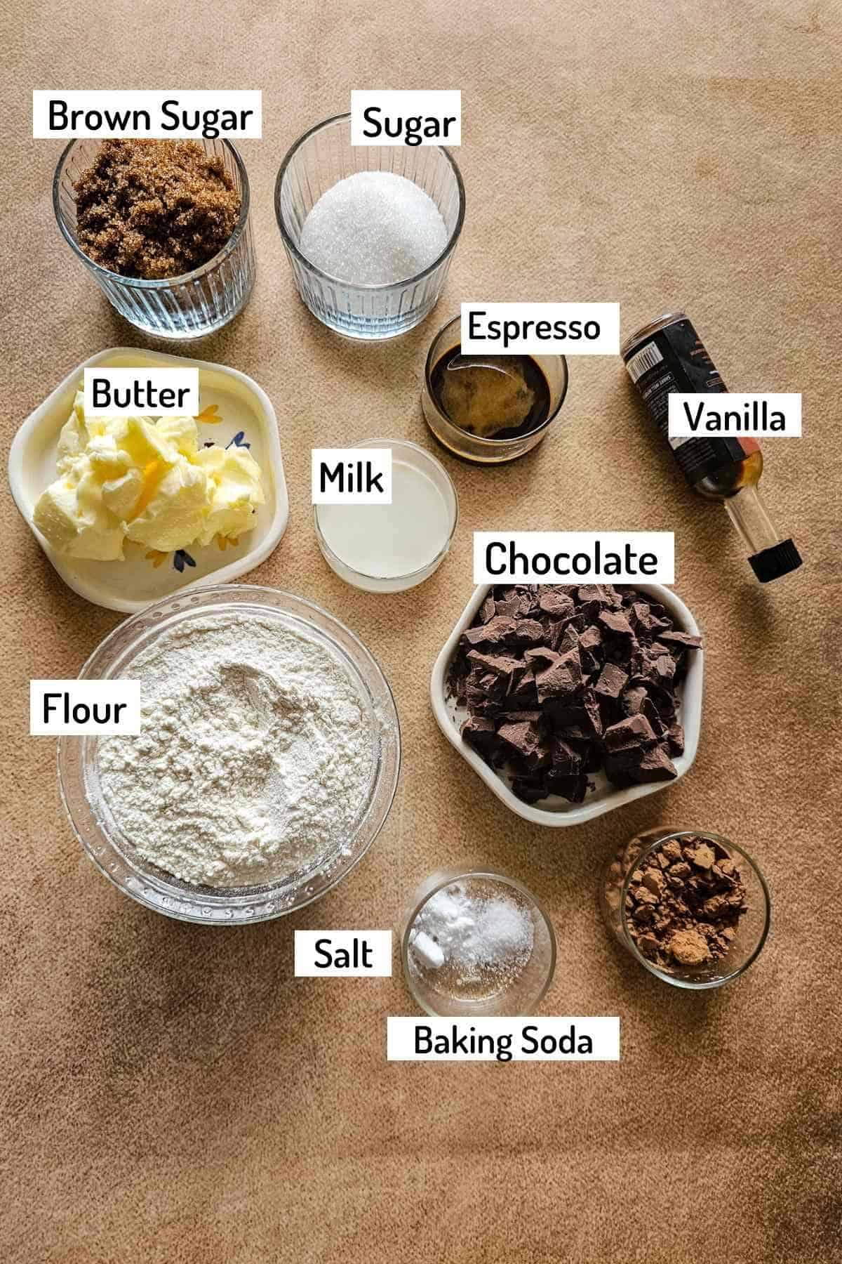 ingredients needed to make eggless espresso chocolate chip cookies