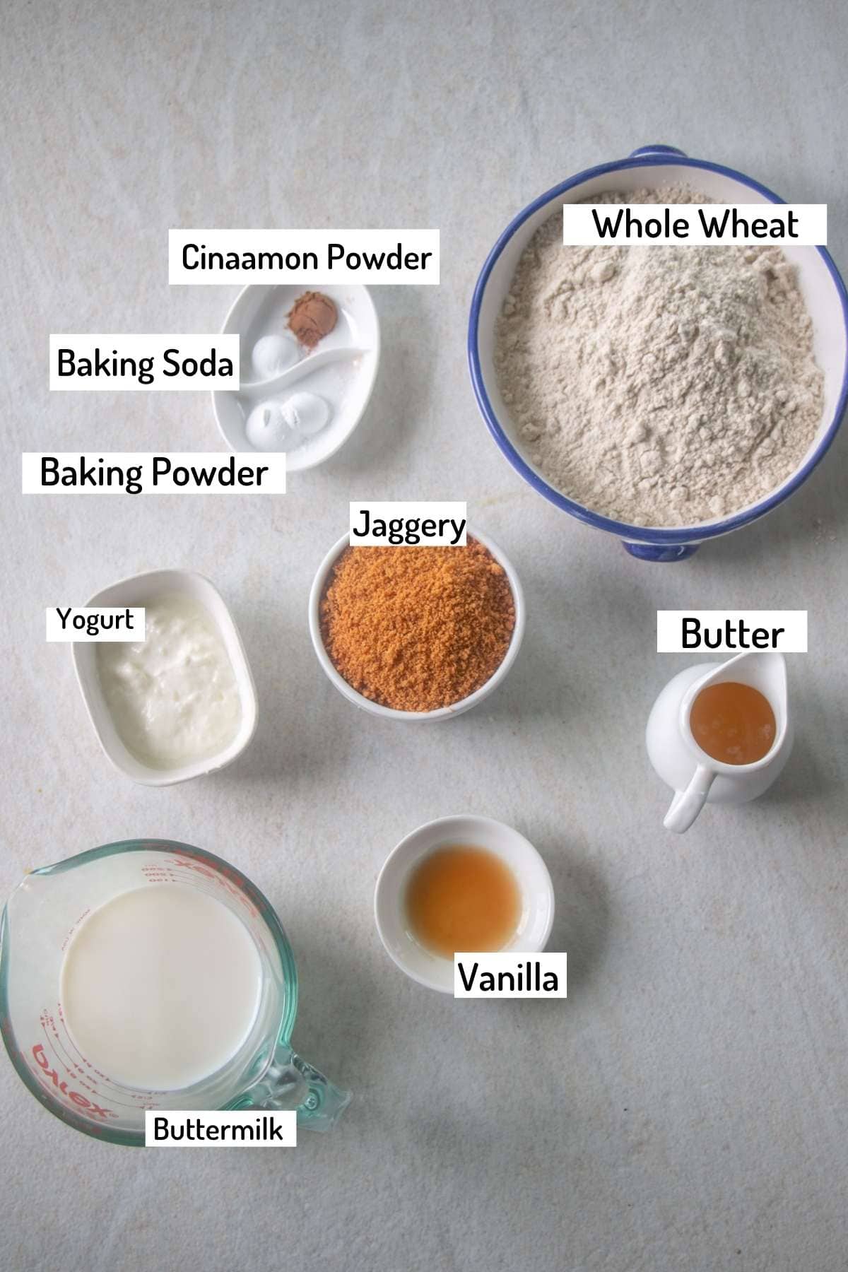 ingredients needed to make eggless whole wheat muffins