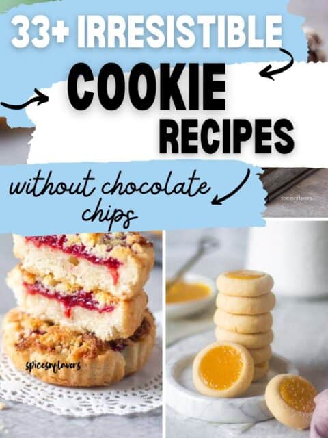 collage of 2 images with text on top for cookie recipes without chips
