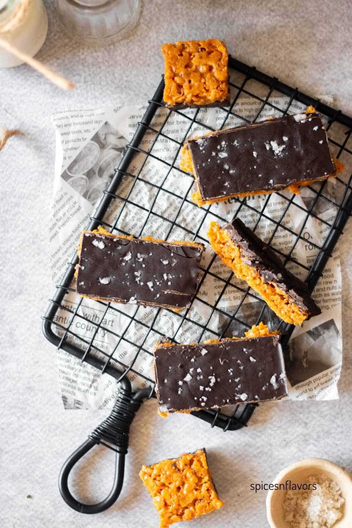 sliced corn flake bars and squares placed on a wire rack
