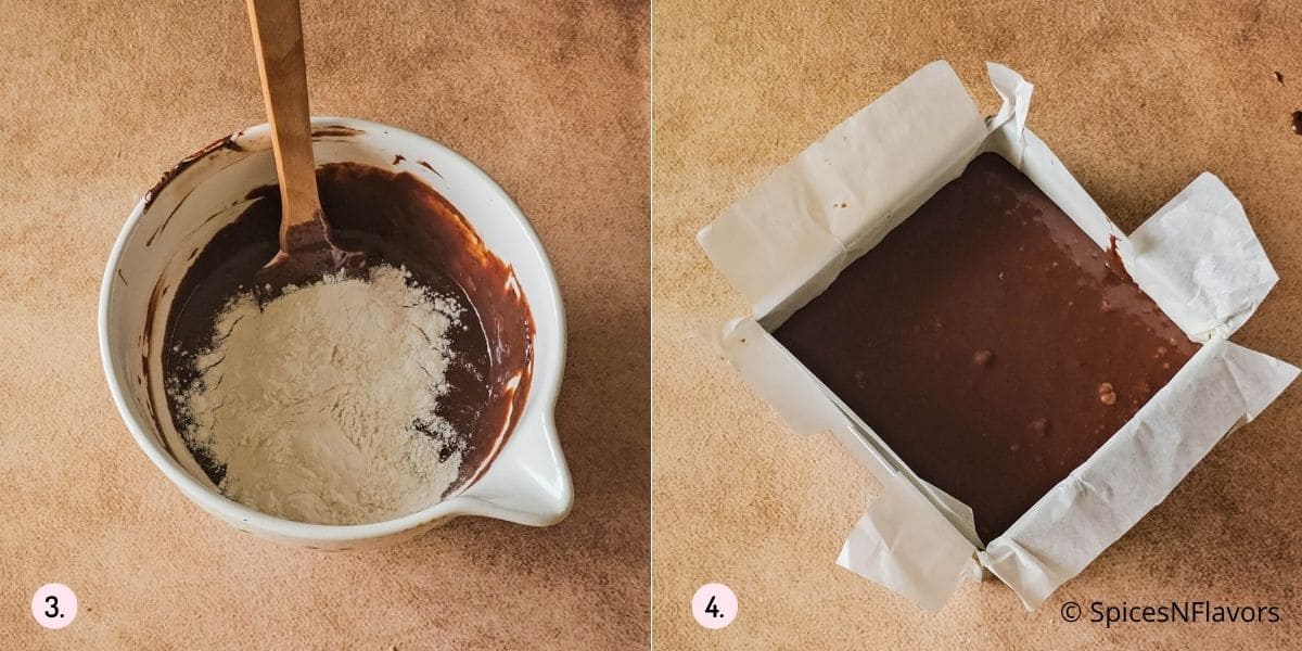 add flour to the mixture and transfer to the baking pan