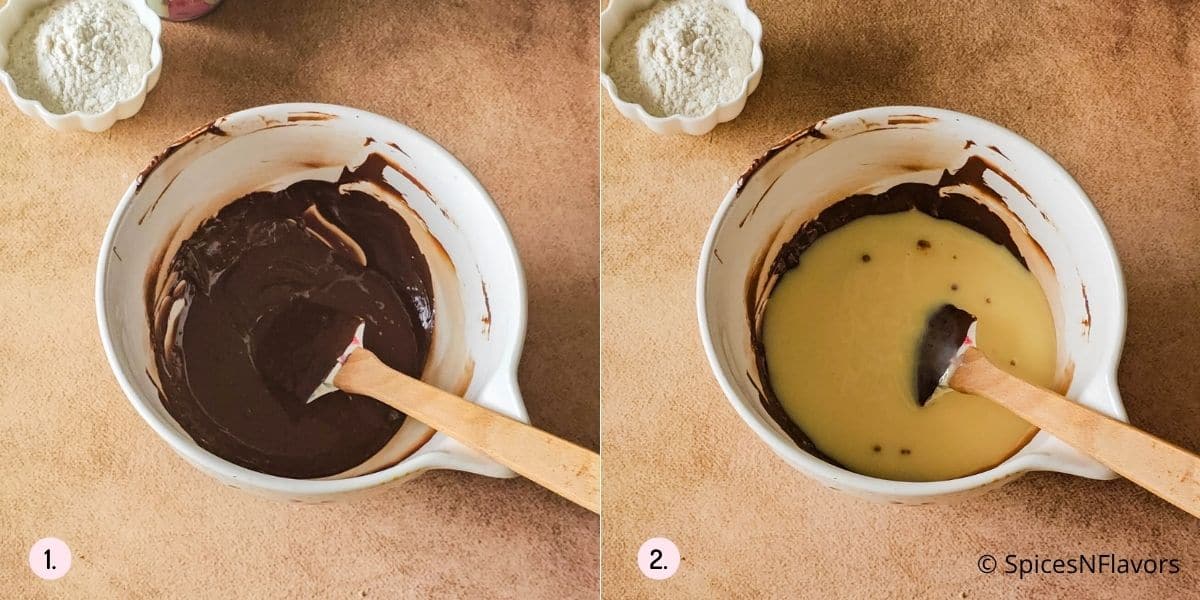 mixing melted chocolate and condensed milk