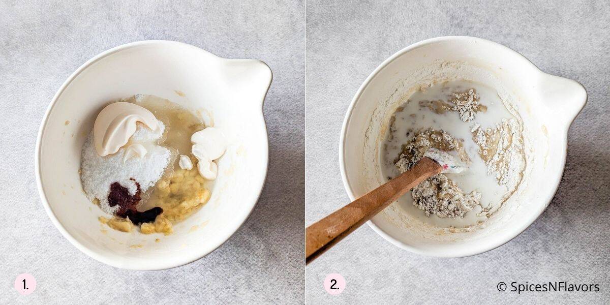 mixing dry and wet ingredients in a bowl