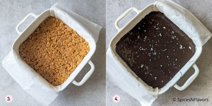 press the corn flake honey mixture on to a square pan and top with chocolate