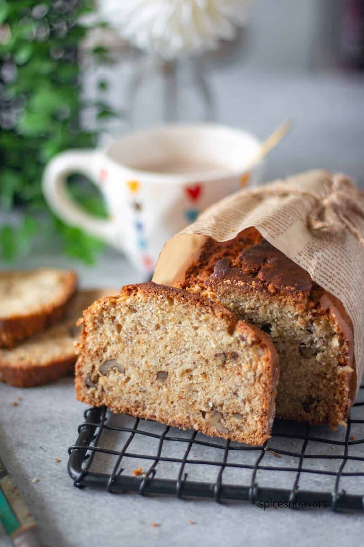 sliced banana bread showing the texture