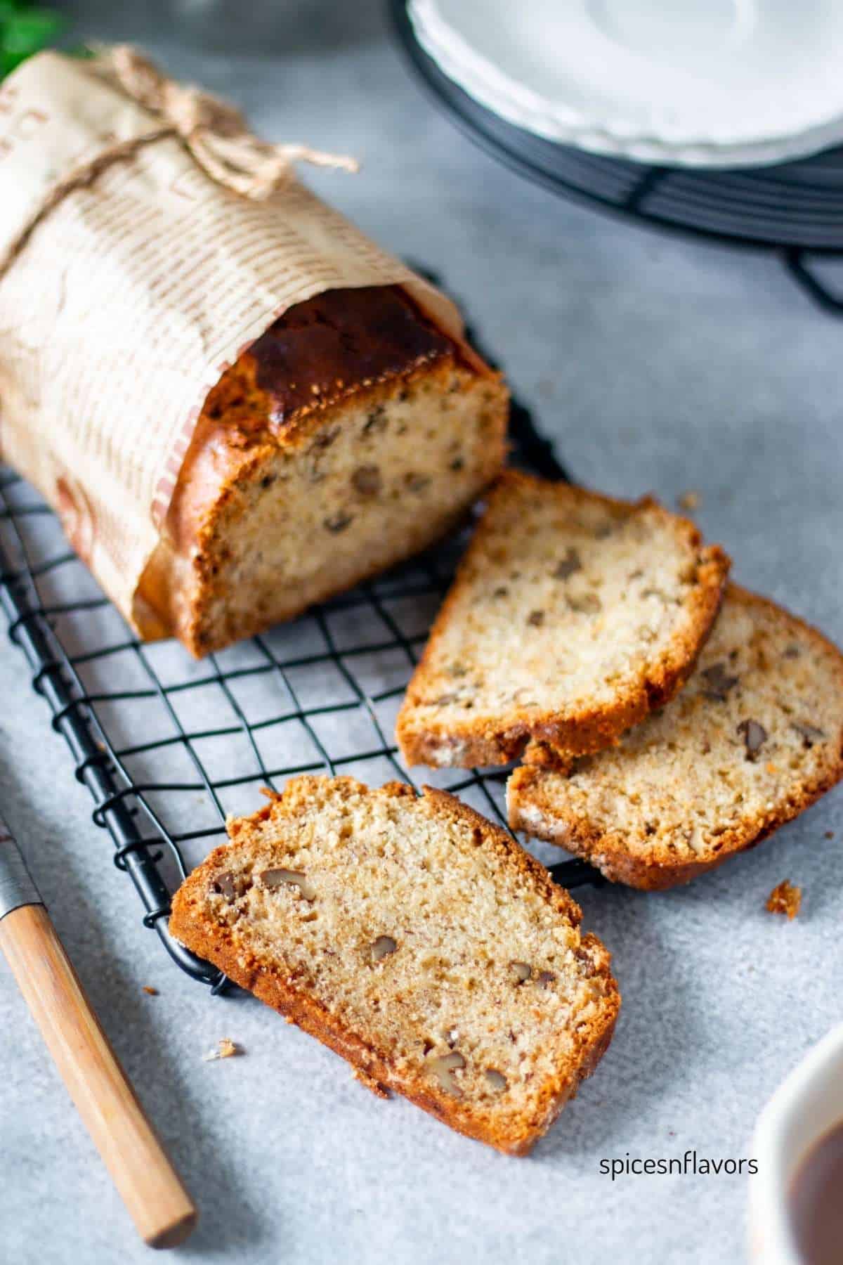 slices of banana bread placed on wire rack