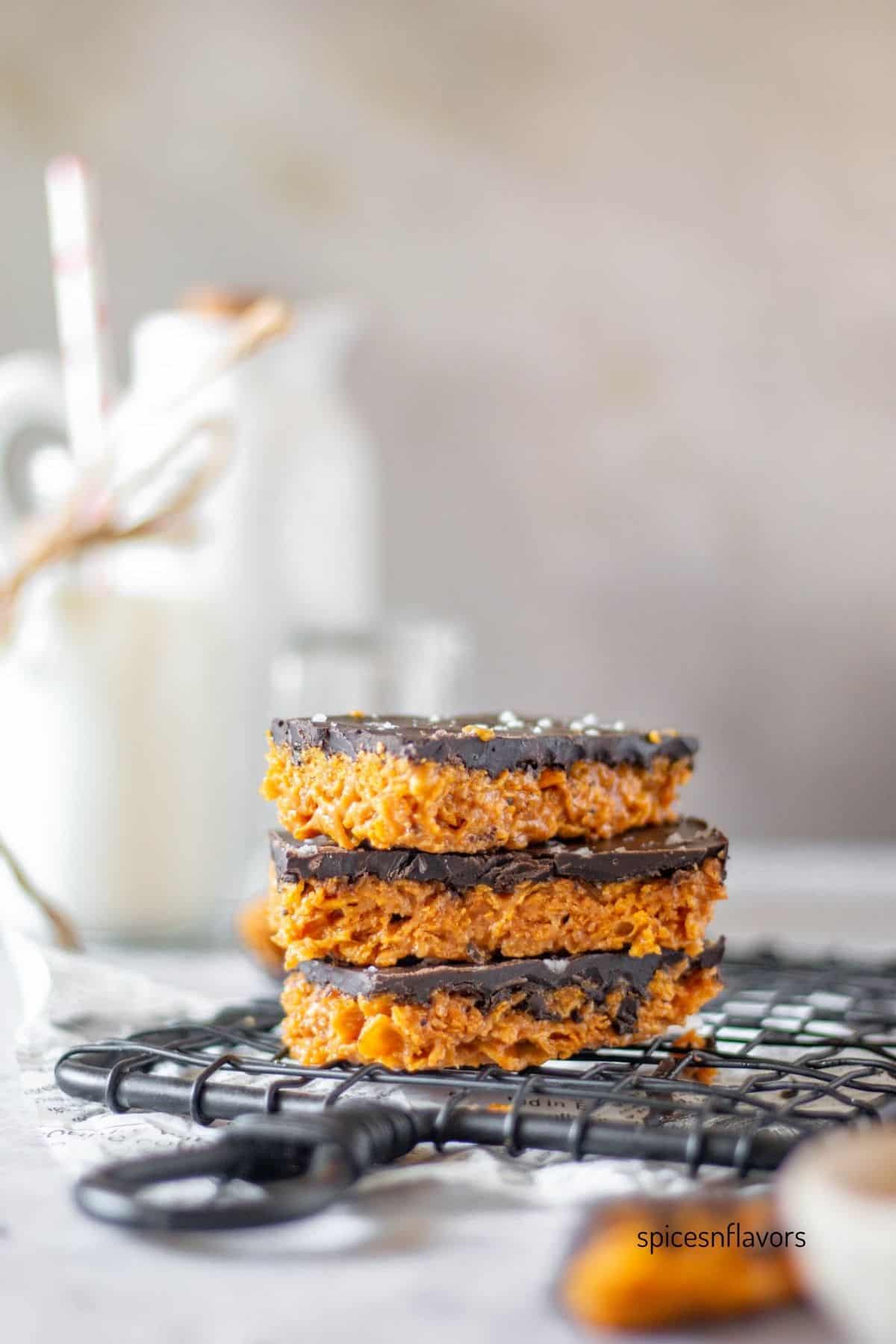 Stacked Corn Flake Bars placed on wire rack