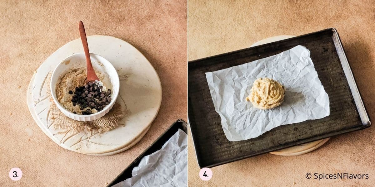 folding chocolate chips into the dough and baking it