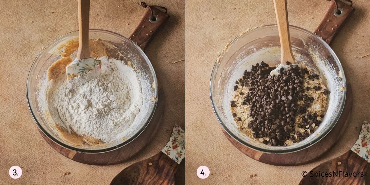 adding flour, chocolate chips and oats