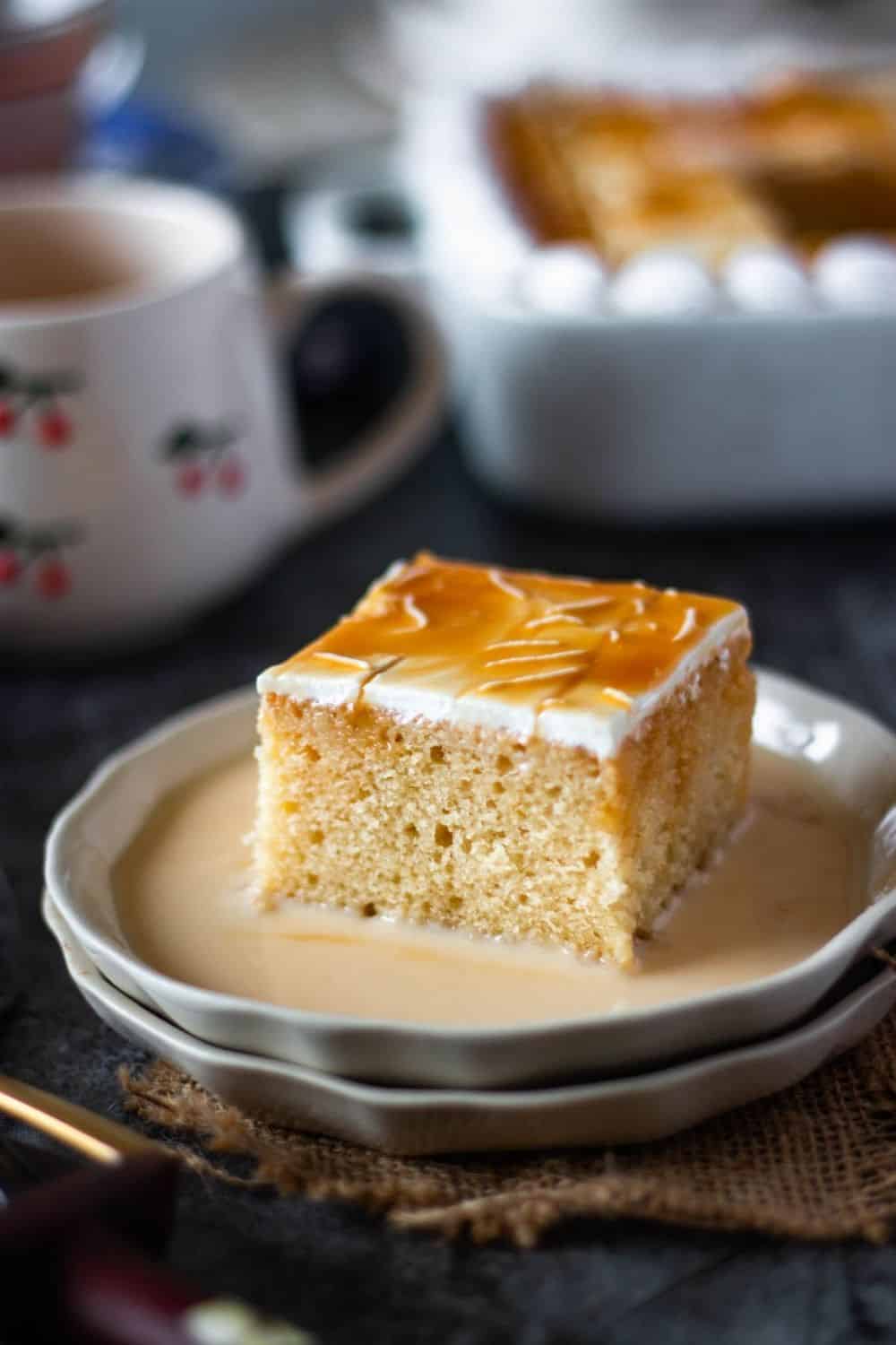 slice of caramel cake in a plate