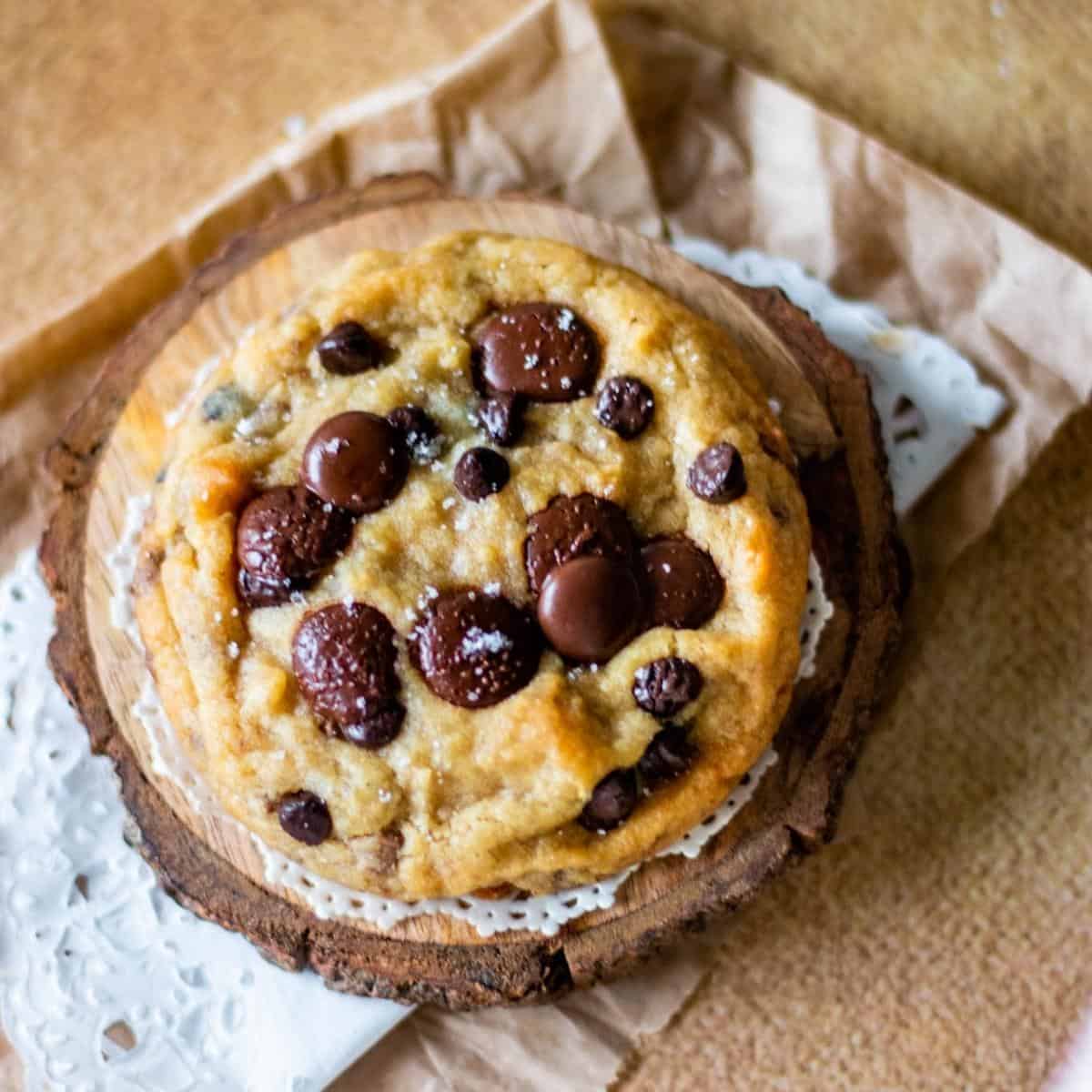 single serve eggless chocolate chip cookie with melty chocolate chips on top