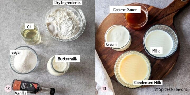 ingredients needed to make eggless caramel tres leches cake