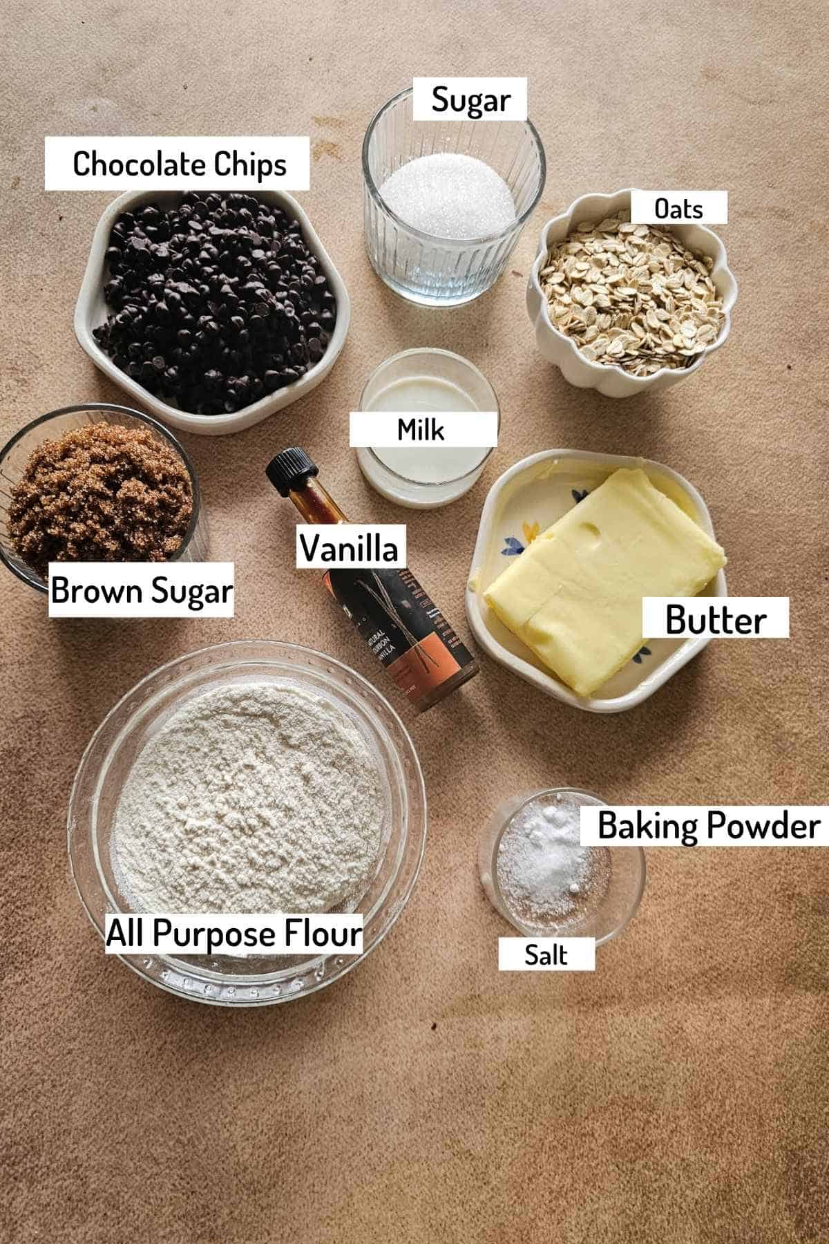 ingredients needed to make eggless oatmeal chocolate chip cookies