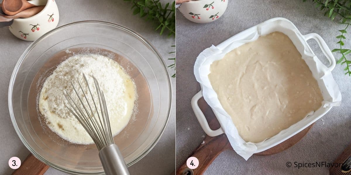adding dry ingredients to form cake batter
