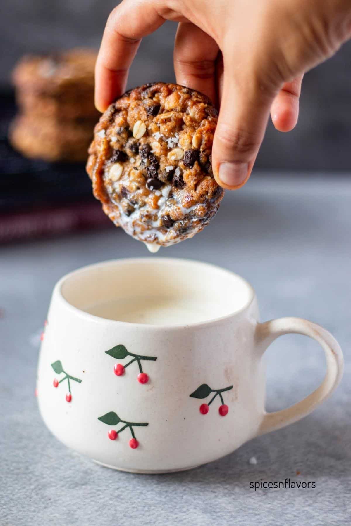 eggless oatmeal cookie dipped in milk