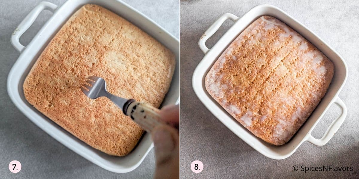 poke cake with a fork and pour milk on top