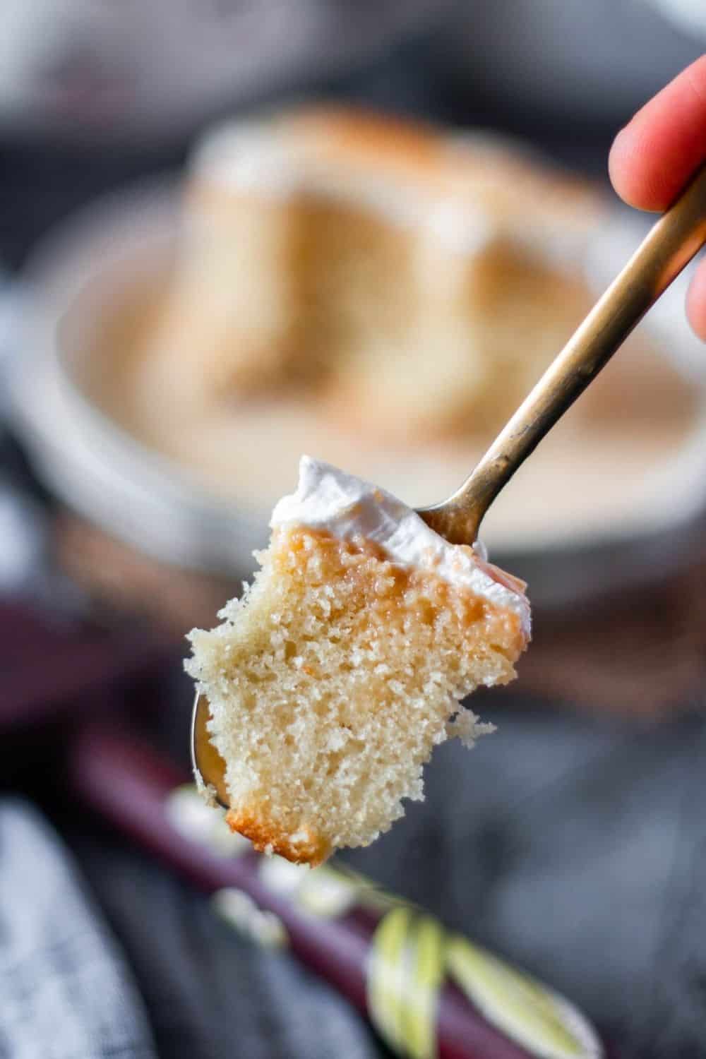 spoon with a mouthful of caramel tres leches cake piece