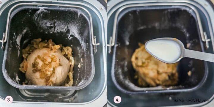 adding raisins and milk to the pan