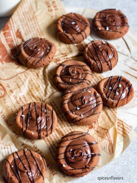chocolate condensed milk cookies placed on a brown paper