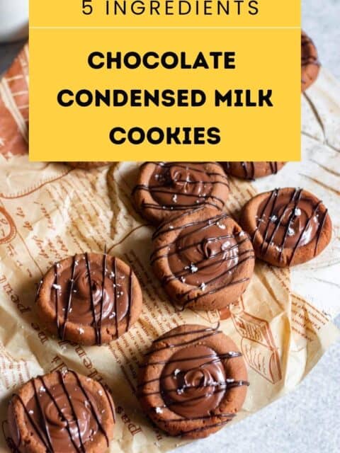 chocolate condensed milk cookies with a text box on top for pinterest image